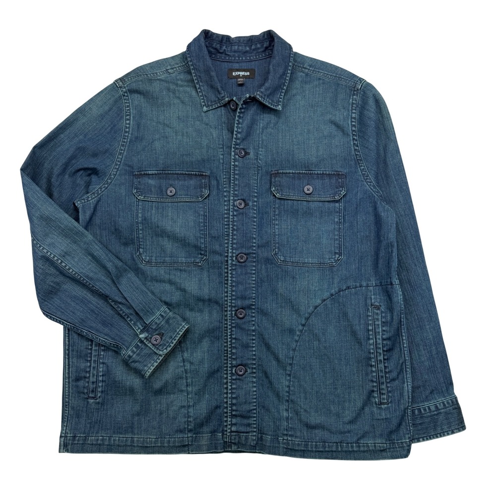 Express Jacket Mens L Blue Denim Chore Coat Button Front Workwear Stretch Barn